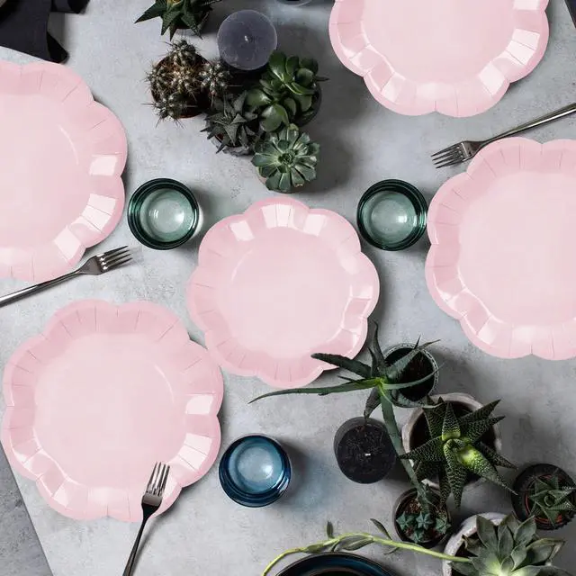 Alt view image 6 of 7 - 50 Pcs Light Pink Paper Plates 25 × 7'' and 25 × 9'' Disposable Scalloped Pink Dinner Plates Cute Party Plate for Wedding Baby Shower Birthday Party