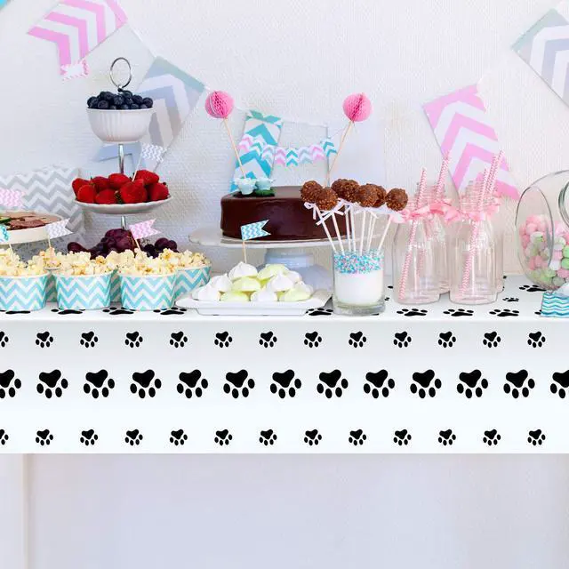 Alt view image 6 of 7 - 2 Pcs Paw Print Tablecloth Dog Birthday Decorations Plastic Cat Paw Table Cover Disposable Puppy Themed Birthday Party Decorations for Dog Party Supplies (Black,108 x 54 Inch)