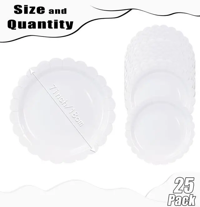 Alt view image 3 of 7 - 25 Paper Plates 7 Inch White Scalloped Disposable Dinner Plates for Wedding Baby Shower Birthday Party Dessert Plate
