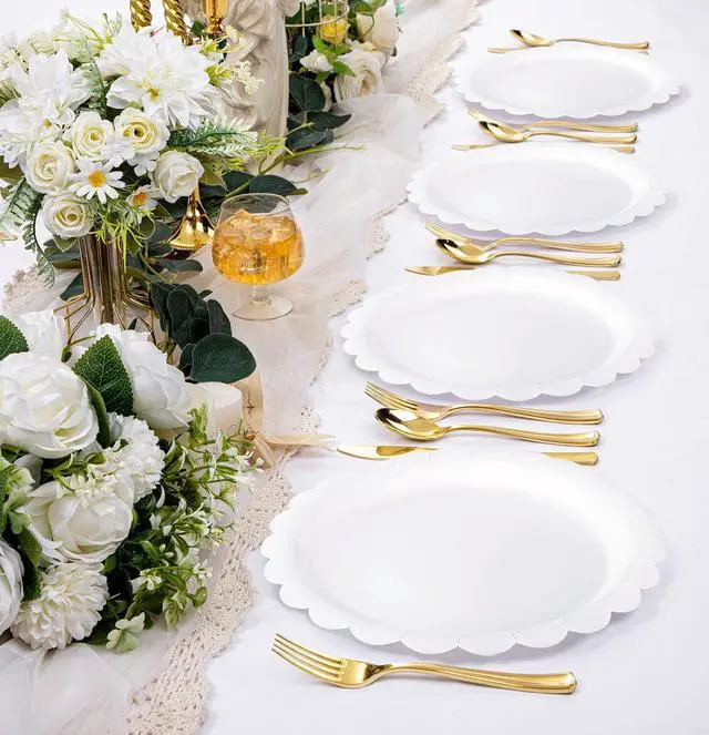 Alt view image 6 of 7 - 25 Paper Plates 7 Inch White Scalloped Disposable Dinner Plates for Wedding Baby Shower Birthday Party Dessert Plate