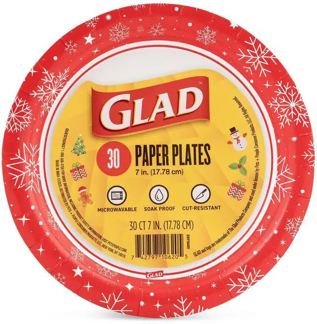 Main image of Disposable Paper Plates with Holiday Red Snowflake Design - Soak Proof, Heavy Duty, Microwavable Plates for Dessert, Snacks, and Everyday Use - 7 Inch Round, 30 Count