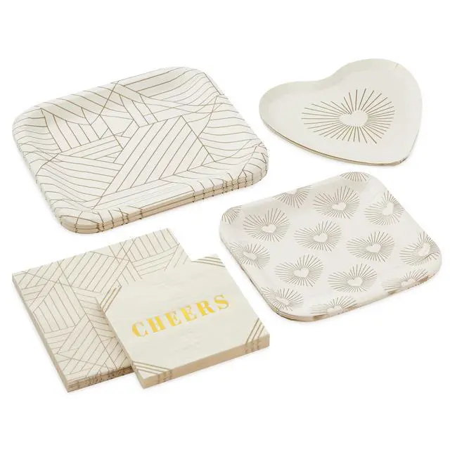 Alt view image 2 of 7 - Ivory and Gold Party Supplies (16 Dinner Plates, 8 Square Dessert Plates, 8 Heart Dessert Plates, 16 Dinner Napkins, 16 Beverage Napkins) Hearts, Geometric, "Cheers"