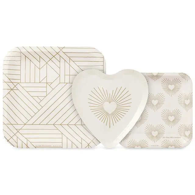 Alt view image 5 of 7 - Ivory and Gold Party Supplies (16 Dinner Plates, 8 Square Dessert Plates, 8 Heart Dessert Plates, 16 Dinner Napkins, 16 Beverage Napkins) Hearts, Geometric, "Cheers"