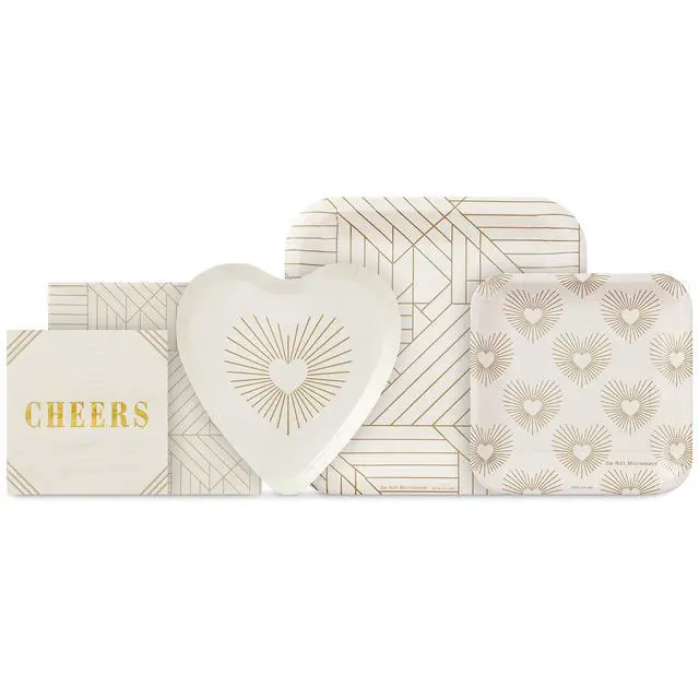 Alt view image 3 of 7 - Ivory and Gold Party Supplies (16 Dinner Plates, 8 Square Dessert Plates, 8 Heart Dessert Plates, 16 Dinner Napkins, 16 Beverage Napkins) Hearts, Geometric, "Cheers"
