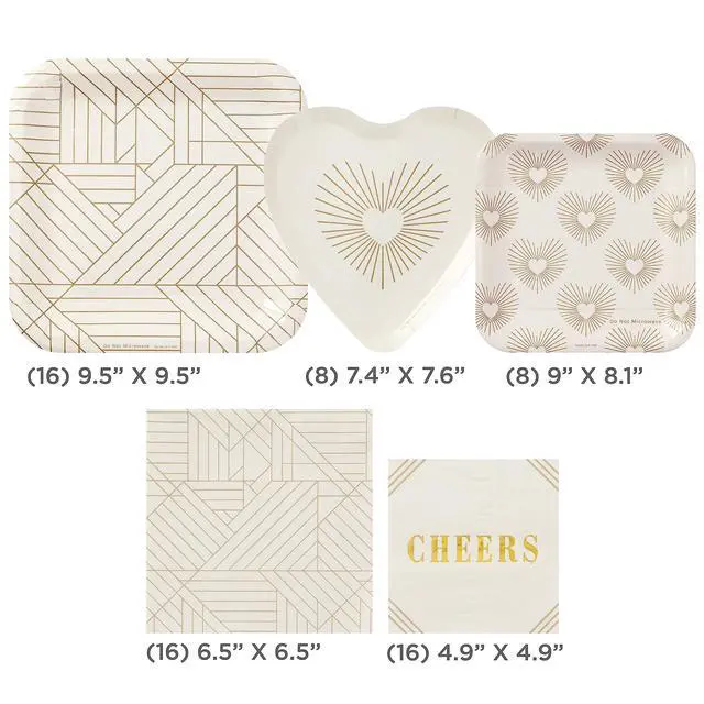 Alt view image 4 of 7 - Ivory and Gold Party Supplies (16 Dinner Plates, 8 Square Dessert Plates, 8 Heart Dessert Plates, 16 Dinner Napkins, 16 Beverage Napkins) Hearts, Geometric, "Cheers"