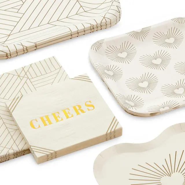 Alt view image 7 of 7 - Ivory and Gold Party Supplies (16 Dinner Plates, 8 Square Dessert Plates, 8 Heart Dessert Plates, 16 Dinner Napkins, 16 Beverage Napkins) Hearts, Geometric, "Cheers"