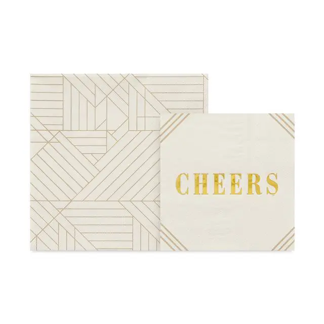 Alt view image 6 of 7 - Ivory and Gold Party Supplies (16 Dinner Plates, 8 Square Dessert Plates, 8 Heart Dessert Plates, 16 Dinner Napkins, 16 Beverage Napkins) Hearts, Geometric, "Cheers"