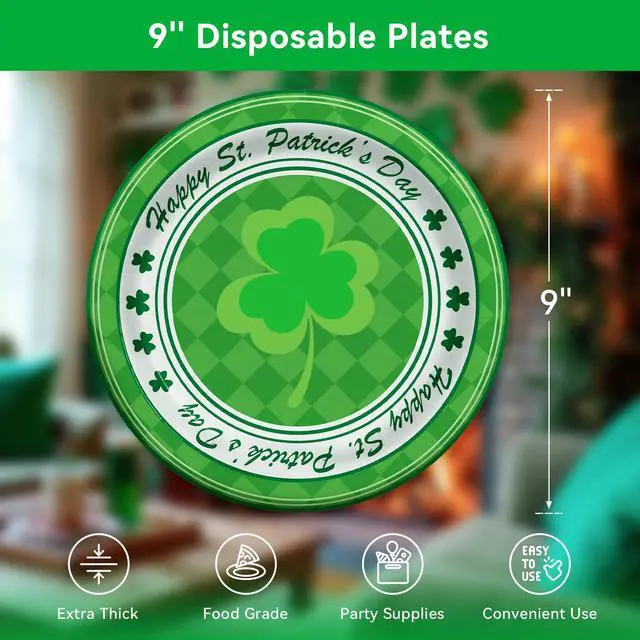 Alt view image 2 of 6 - Plates 9'' 25 Count, Heavy Duty Disposable Plates for St. Patrick's Day Party Decorations Supplies, Green