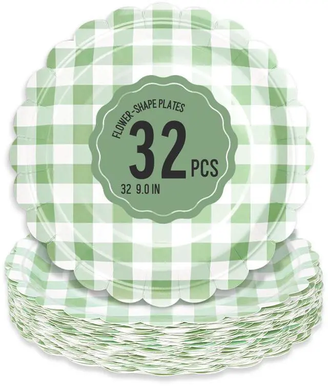Main image of 32 PcsScalloped Paper Plates - 9 Inch Gingham Paper Plates Checkered Party Plate - Disposable Plaid Decorative Dinner Dessert Serving Plate - For Baby Shower Wedding Birthday