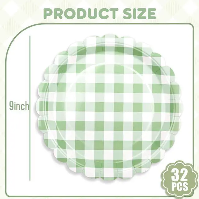 Alt view image 2 of 7 - 32 PcsScalloped Paper Plates - 9 Inch Gingham Paper Plates Checkered Party Plate - Disposable Plaid Decorative Dinner Dessert Serving Plate - For Baby Shower Wedding Birthday
