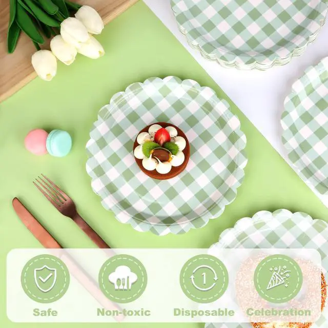 Alt view image 4 of 7 - 32 PcsScalloped Paper Plates - 9 Inch Gingham Paper Plates Checkered Party Plate - Disposable Plaid Decorative Dinner Dessert Serving Plate - For Baby Shower Wedding Birthday