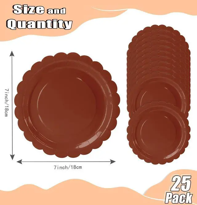 Alt view image 3 of 7 - 25 Pieces Brown Paper Plates 7 Inch Brown Scalloped Plates Disposable Dinner Plates for Wedding Baby Shower Birthday Fall Party Dessert Plates