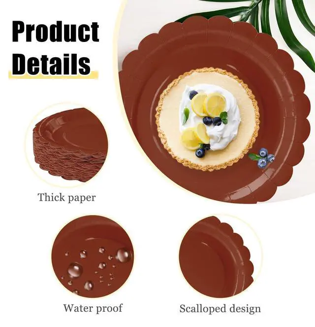 Alt view image 4 of 7 - 25 Pieces Brown Paper Plates 7 Inch Brown Scalloped Plates Disposable Dinner Plates for Wedding Baby Shower Birthday Fall Party Dessert Plates