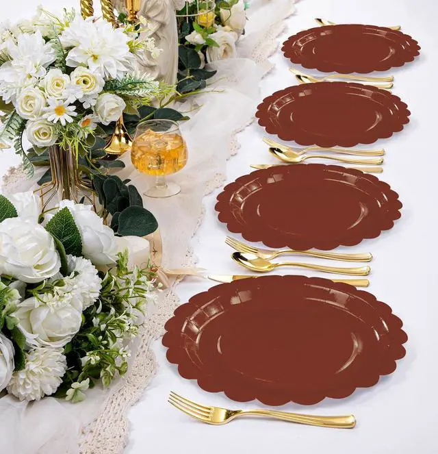 Alt view image 6 of 7 - 25 Pieces Brown Paper Plates 7 Inch Brown Scalloped Plates Disposable Dinner Plates for Wedding Baby Shower Birthday Fall Party Dessert Plates