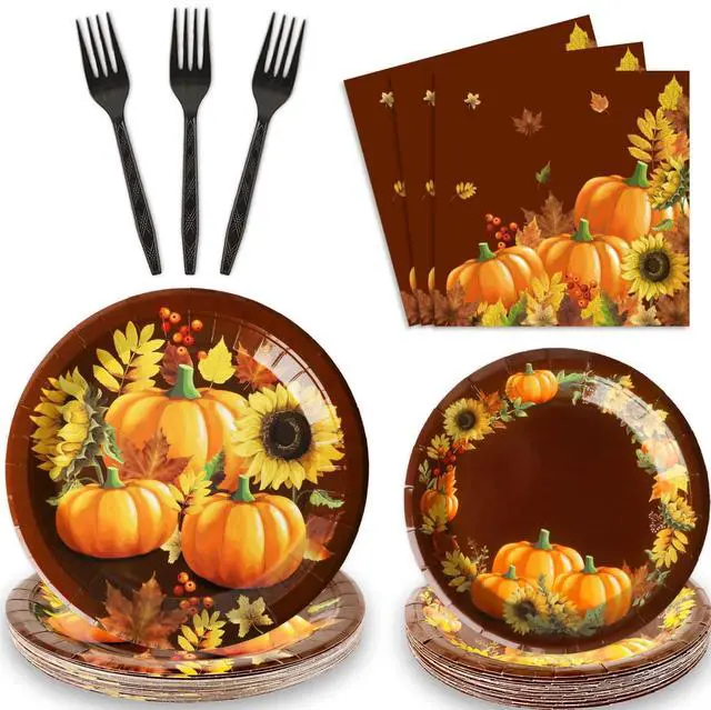 Main image of Party Paper Plate and Napkins Supplies Fall Pumpkin & Sunflower Dessert Plates Thanksgiving Disposable Tableware Paper Plates Napkins Forks for Party Favors 24 Guests