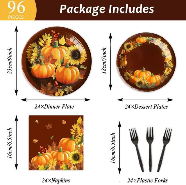 Alt view image 2 of 7 - Party Paper Plate and Napkins Supplies Fall Pumpkin & Sunflower Dessert Plates Thanksgiving Disposable Tableware Paper Plates Napkins Forks for Party Favors 24 Guests
