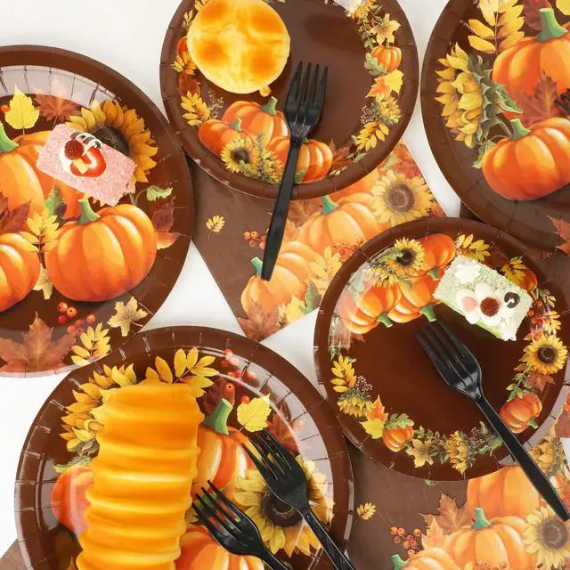 Alt view image 5 of 7 - Party Paper Plate and Napkins Supplies Fall Pumpkin & Sunflower Dessert Plates Thanksgiving Disposable Tableware Paper Plates Napkins Forks for Party Favors 24 Guests