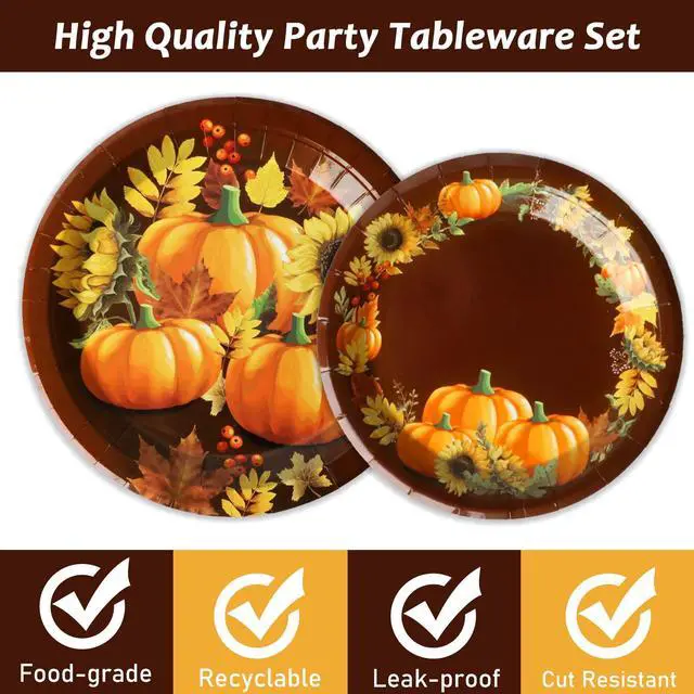 Alt view image 4 of 7 - Party Paper Plate and Napkins Supplies Fall Pumpkin & Sunflower Dessert Plates Thanksgiving Disposable Tableware Paper Plates Napkins Forks for Party Favors 24 Guests