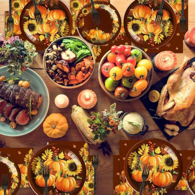 Alt view image 7 of 7 - Party Paper Plate and Napkins Supplies Fall Pumpkin & Sunflower Dessert Plates Thanksgiving Disposable Tableware Paper Plates Napkins Forks for Party Favors 24 Guests