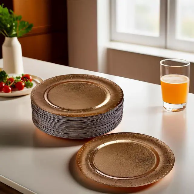Alt view image 3 of 5 - Gold with Beaded Rim Disposable Charger Paper Plates - 13" (Pack of 10) - Perfect for Weddings, Parties & Special Occasions