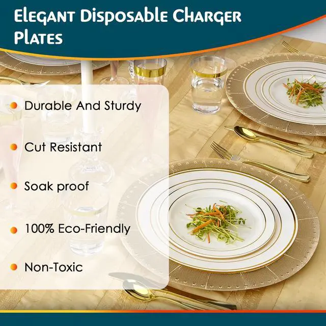 Alt view image 5 of 5 - Gold with Beaded Rim Disposable Charger Paper Plates - 13" (Pack of 10) - Perfect for Weddings, Parties & Special Occasions
