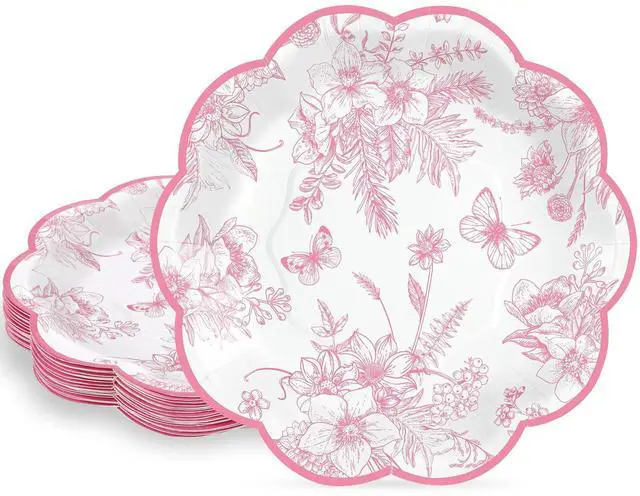 Main image of Floral Paper Plates, 7 inch Tea Party Plates Vintage Flower Toile Plate Pink and White Dessert Plate Disposable for Baby Bridal Shower Birthday