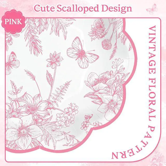Alt view image 3 of 7 - Floral Paper Plates, 7 inch Tea Party Plates Vintage Flower Toile Plate Pink and White Dessert Plate Disposable for Baby Bridal Shower Birthday