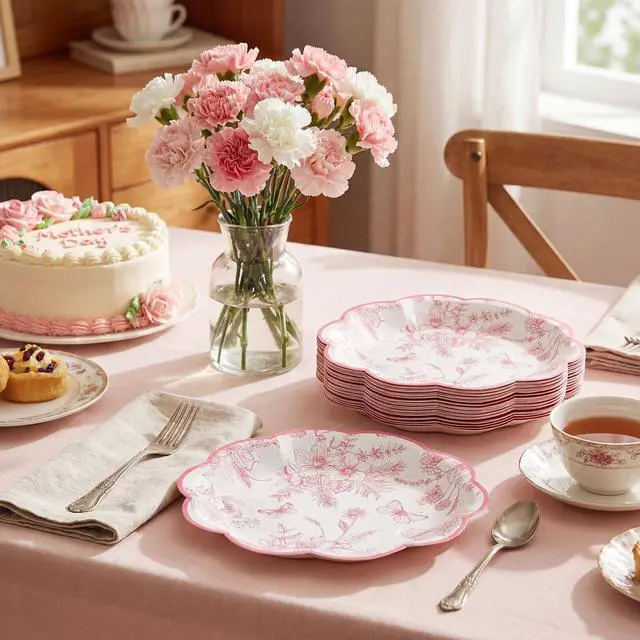 Alt view image 6 of 7 - Floral Paper Plates, 7 inch Tea Party Plates Vintage Flower Toile Plate Pink and White Dessert Plate Disposable for Baby Bridal Shower Birthday