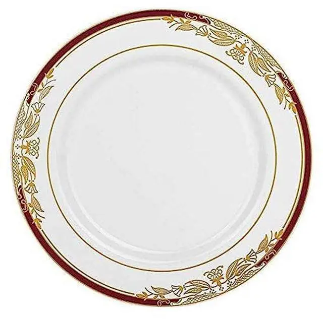 Main image of Elegant White with Burgundy & Gold Harmony Rim Disposable Plastic Salad Plates (7.5") - Perfect for Weddings, Upscale Events, Banquets & Special Occasions - Pack of 10