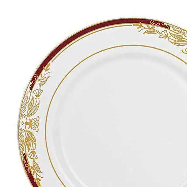 Alt view image 2 of 7 - Elegant White with Burgundy & Gold Harmony Rim Disposable Plastic Salad Plates (7.5") - Perfect for Weddings, Upscale Events, Banquets & Special Occasions - Pack of 10