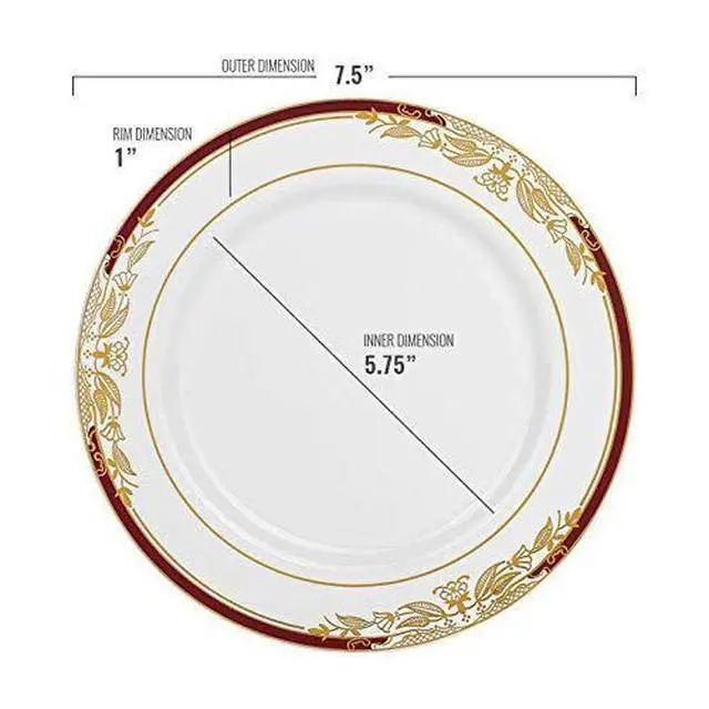 Alt view image 3 of 7 - Elegant White with Burgundy & Gold Harmony Rim Disposable Plastic Salad Plates (7.5") - Perfect for Weddings, Upscale Events, Banquets & Special Occasions - Pack of 10