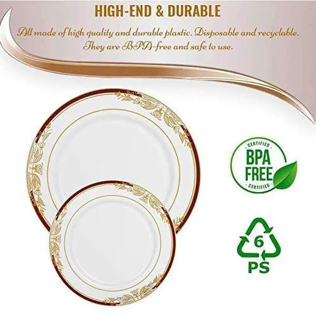 Alt view image 4 of 7 - Elegant White with Burgundy & Gold Harmony Rim Disposable Plastic Salad Plates (7.5") - Perfect for Weddings, Upscale Events, Banquets & Special Occasions - Pack of 10
