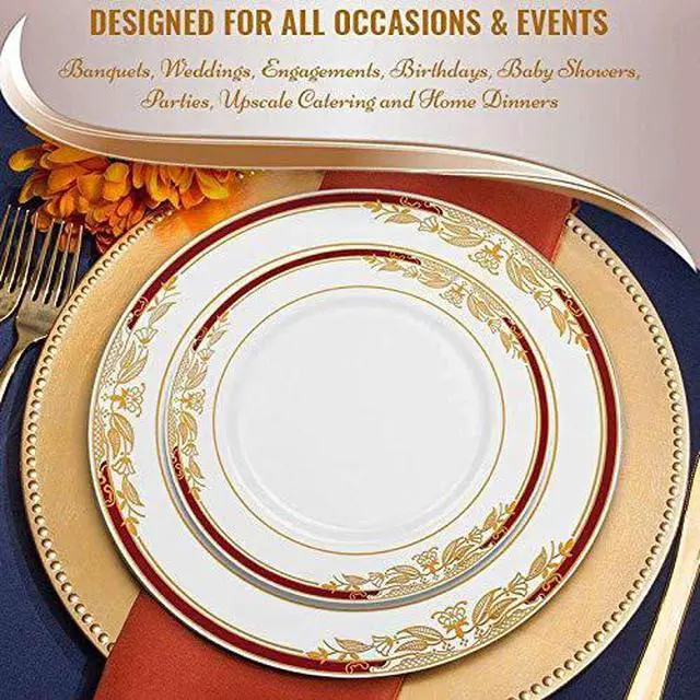 Alt view image 5 of 7 - Elegant White with Burgundy & Gold Harmony Rim Disposable Plastic Salad Plates (7.5") - Perfect for Weddings, Upscale Events, Banquets & Special Occasions - Pack of 10