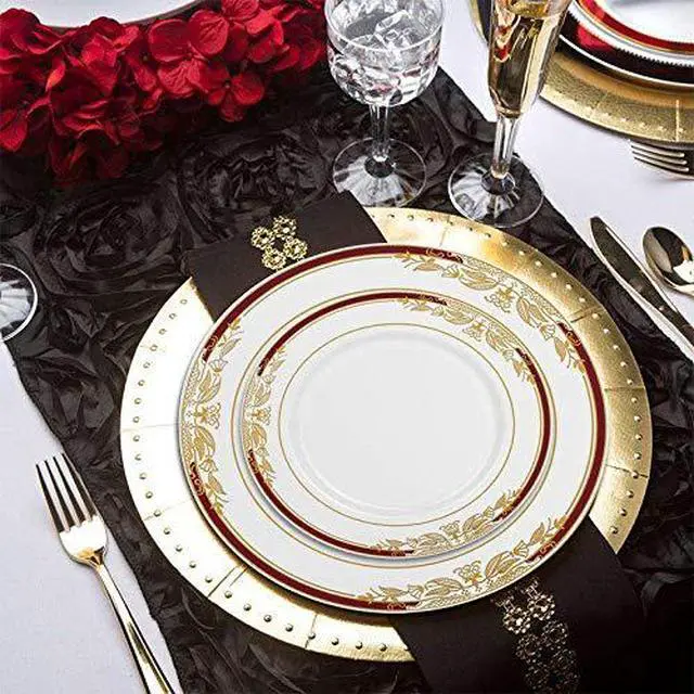 Alt view image 7 of 7 - Elegant White with Burgundy & Gold Harmony Rim Disposable Plastic Salad Plates (7.5") - Perfect for Weddings, Upscale Events, Banquets & Special Occasions - Pack of 10