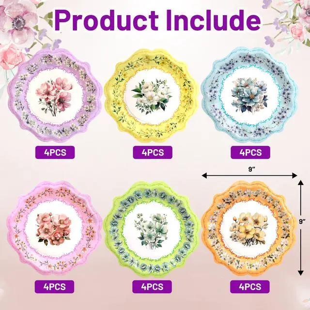 Alt view image 2 of 7 - Floral Paper Plates 24Pack Vintage Tea Party Disposable Dessert Plates 9inch Spring Tableware for Birthday Party Baby Shower Bridal Shower Supplies