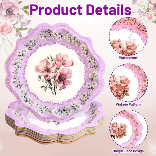 Alt view image 3 of 7 - Floral Paper Plates 24Pack Vintage Tea Party Disposable Dessert Plates 9inch Spring Tableware for Birthday Party Baby Shower Bridal Shower Supplies