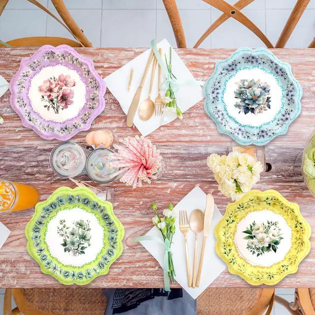 Alt view image 5 of 7 - Floral Paper Plates 24Pack Vintage Tea Party Disposable Dessert Plates 9inch Spring Tableware for Birthday Party Baby Shower Bridal Shower Supplies