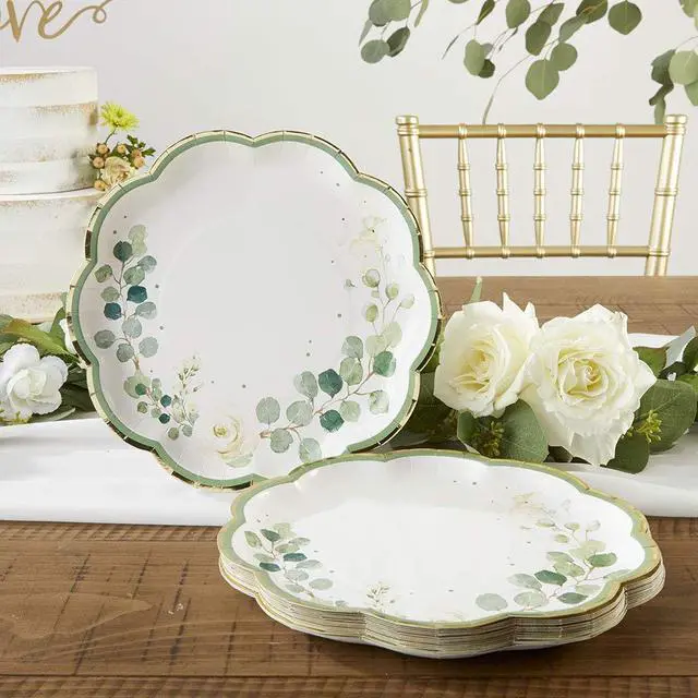 Alt view image 2 of 7 - Party Decorations, Eucalyptus Floral 9 in. Decorative Premium Paper Plates (350 GSM weight -Set of 16) - Perfect for Greenery Baby Shower & Bridal Showers
