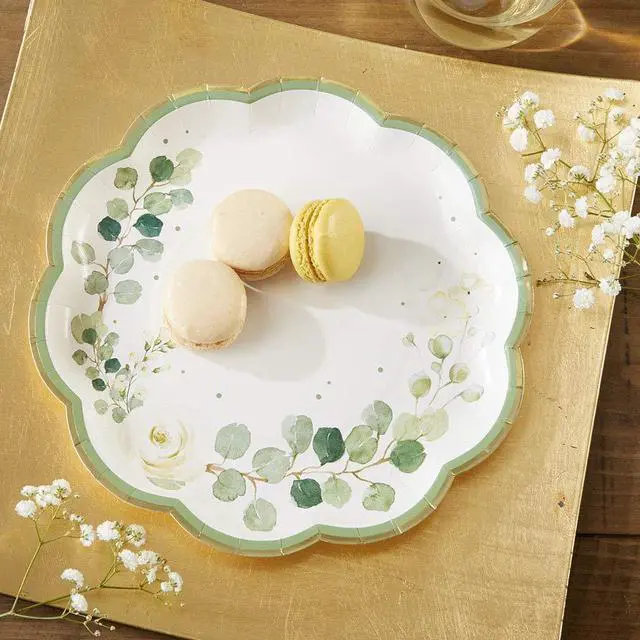 Alt view image 3 of 7 - Party Decorations, Eucalyptus Floral 9 in. Decorative Premium Paper Plates (350 GSM weight -Set of 16) - Perfect for Greenery Baby Shower & Bridal Showers