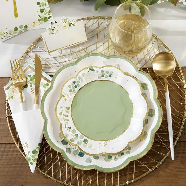 Alt view image 4 of 7 - Party Decorations, Eucalyptus Floral 9 in. Decorative Premium Paper Plates (350 GSM weight -Set of 16) - Perfect for Greenery Baby Shower & Bridal Showers