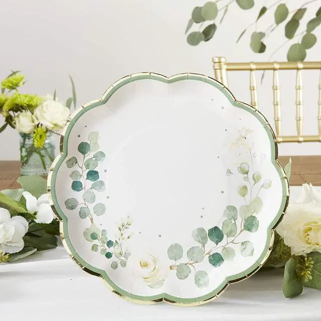 Alt view image 5 of 7 - Party Decorations, Eucalyptus Floral 9 in. Decorative Premium Paper Plates (350 GSM weight -Set of 16) - Perfect for Greenery Baby Shower & Bridal Showers