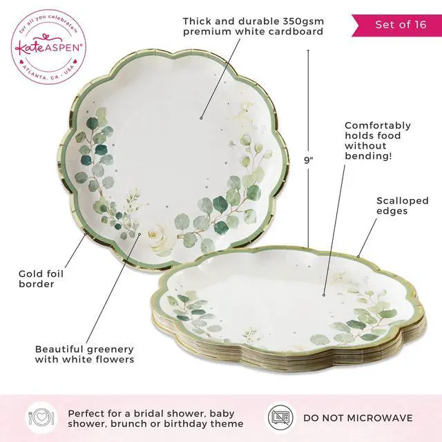 Alt view image 6 of 7 - Party Decorations, Eucalyptus Floral 9 in. Decorative Premium Paper Plates (350 GSM weight -Set of 16) - Perfect for Greenery Baby Shower & Bridal Showers