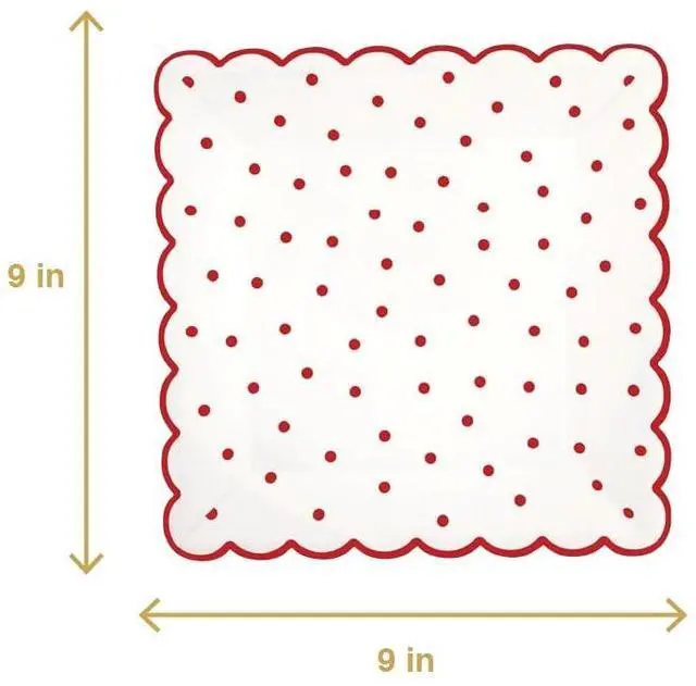 Alt view image 2 of 6 - 8-Count Square Scalloped Edge Disposable Dinner Size Paper Plates, 9-Inch, White with Red Polka Dot Design
