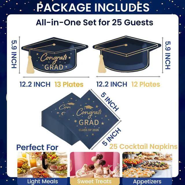 Alt view image 2 of 7 - Blue and Gold Graduation Dessert Plates and Napkins Set Blue Gold Congrats Grad & Class of 2026 Disposable Tableware, Graduation Cap Shaped Plates for College & Master Grad, Serve 25