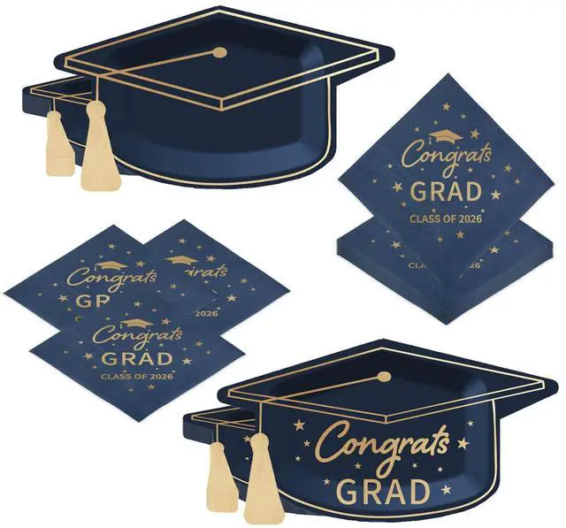 Main image of Blue and Gold Graduation Dessert Plates and Napkins Set Blue Gold Congrats Grad & Class of 2026 Disposable Tableware, Graduation Cap Shaped Plates for College & Master Grad, Serve 25