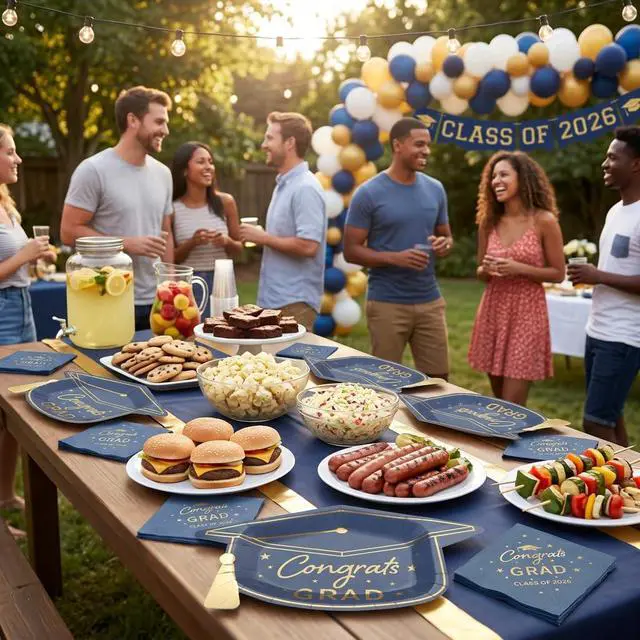 Alt view image 3 of 7 - Blue and Gold Graduation Dessert Plates and Napkins Set Blue Gold Congrats Grad & Class of 2026 Disposable Tableware, Graduation Cap Shaped Plates for College & Master Grad, Serve 25