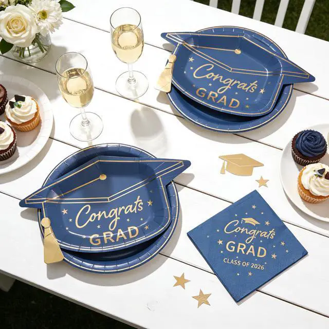 Alt view image 4 of 7 - Blue and Gold Graduation Dessert Plates and Napkins Set Blue Gold Congrats Grad & Class of 2026 Disposable Tableware, Graduation Cap Shaped Plates for College & Master Grad, Serve 25