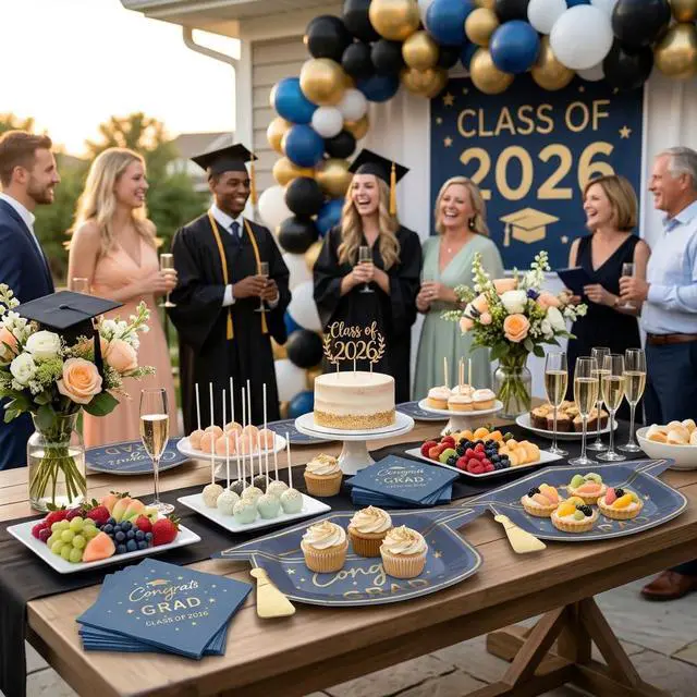 Alt view image 5 of 7 - Blue and Gold Graduation Dessert Plates and Napkins Set Blue Gold Congrats Grad & Class of 2026 Disposable Tableware, Graduation Cap Shaped Plates for College & Master Grad, Serve 25
