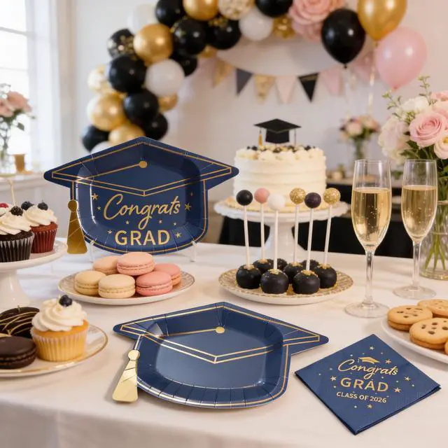 Alt view image 6 of 7 - Blue and Gold Graduation Dessert Plates and Napkins Set Blue Gold Congrats Grad & Class of 2026 Disposable Tableware, Graduation Cap Shaped Plates for College & Master Grad, Serve 25