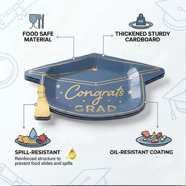 Alt view image 7 of 7 - Blue and Gold Graduation Dessert Plates and Napkins Set Blue Gold Congrats Grad & Class of 2026 Disposable Tableware, Graduation Cap Shaped Plates for College & Master Grad, Serve 25
